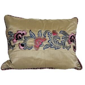 SFERRA Silk Decorative Pillow 18X14 Sage Green Floral Embroidery Boho India